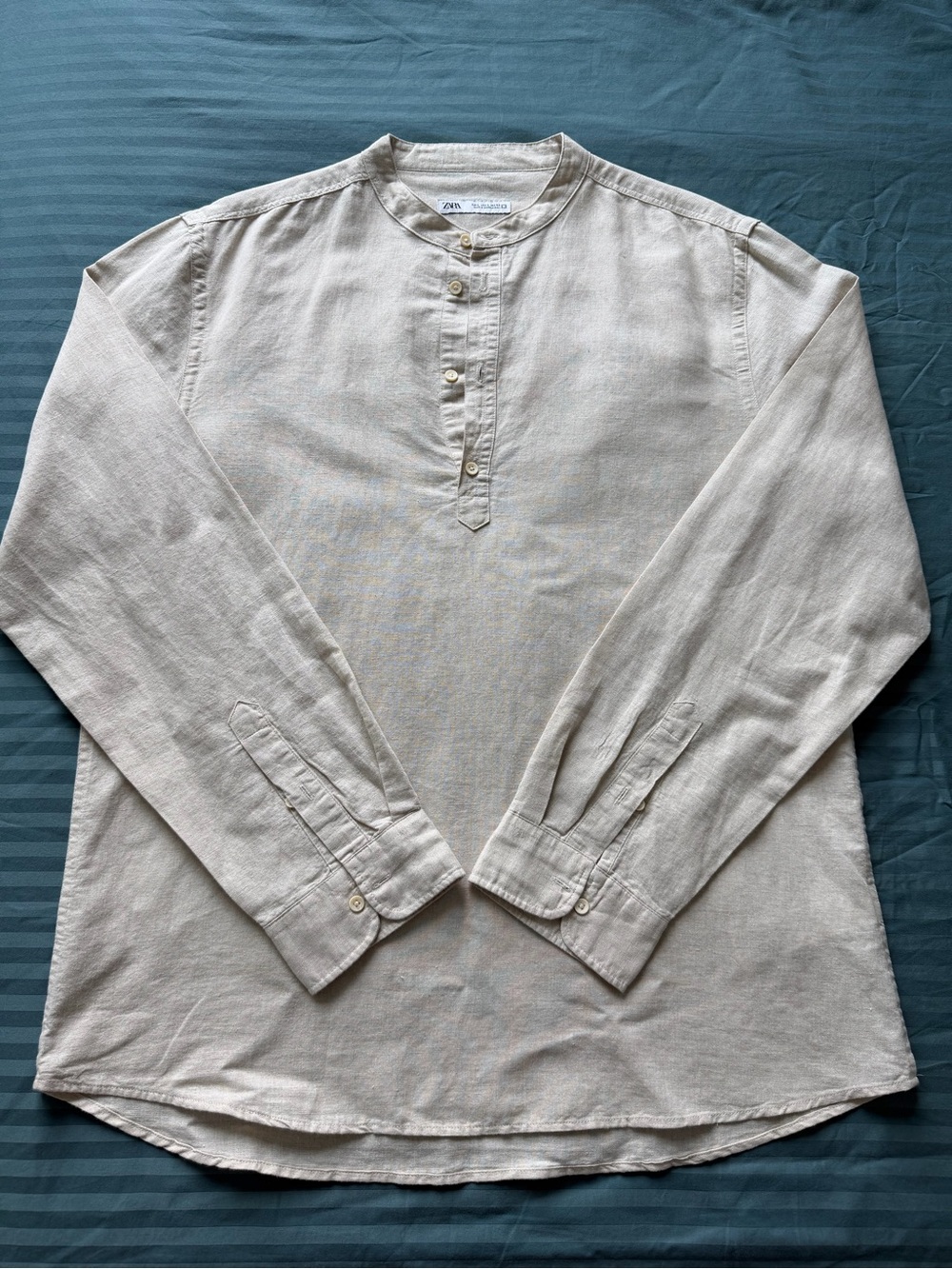 Zara Men’s Linen Cotton Henley Shirt Beige Band Collar Size L